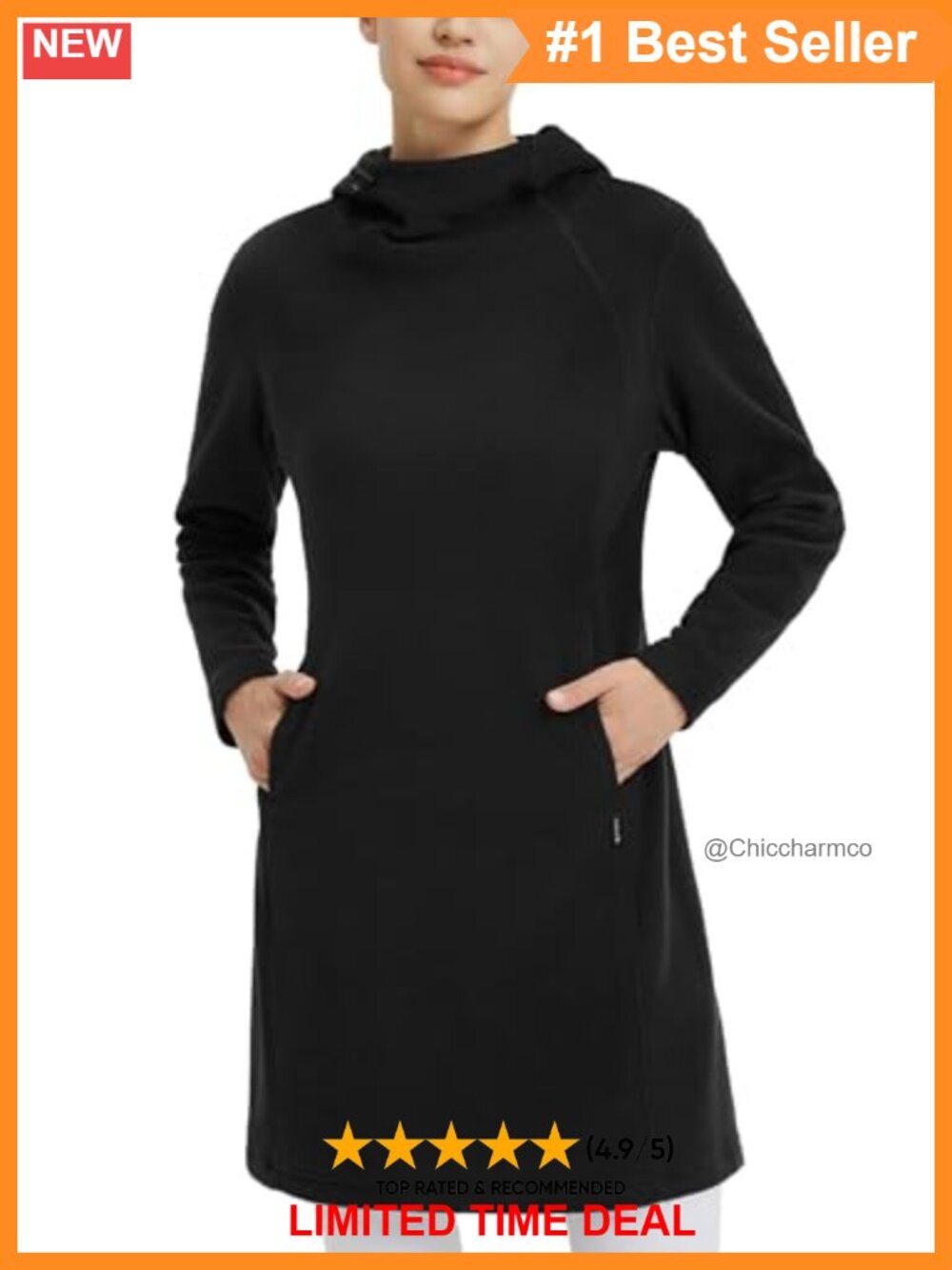 Fleece Sweatshirt Dress Thermal Long Sleeve Tunic Hooded Pullover with Pocket